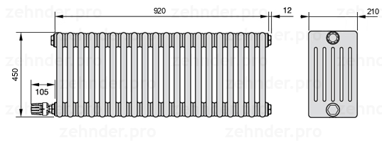 Схема (чертеж) Радиатор Zehnder Charleston 6045/20 №V004 Белый глянцевый RAL 9016